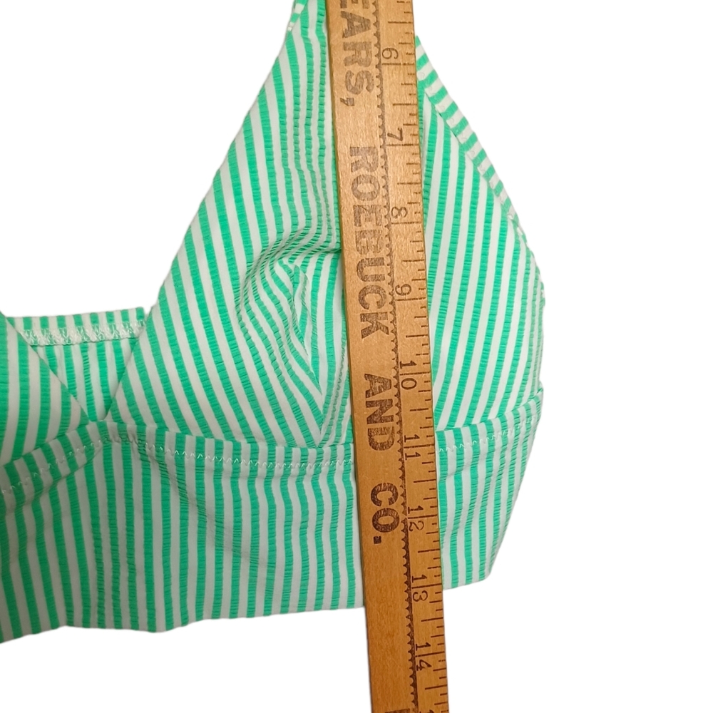 AERIE Bright Green White Thin Stripe Print Ruffle Triangle Bikini Top Medium - Picture 6 of 8